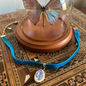 Blue velvet choker, artisian made porcelain pendant